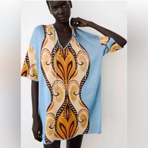 NWT Zara Oversized Jacquard Knit Dolman Sleeve Soft Sweater Dress in Blue, Med